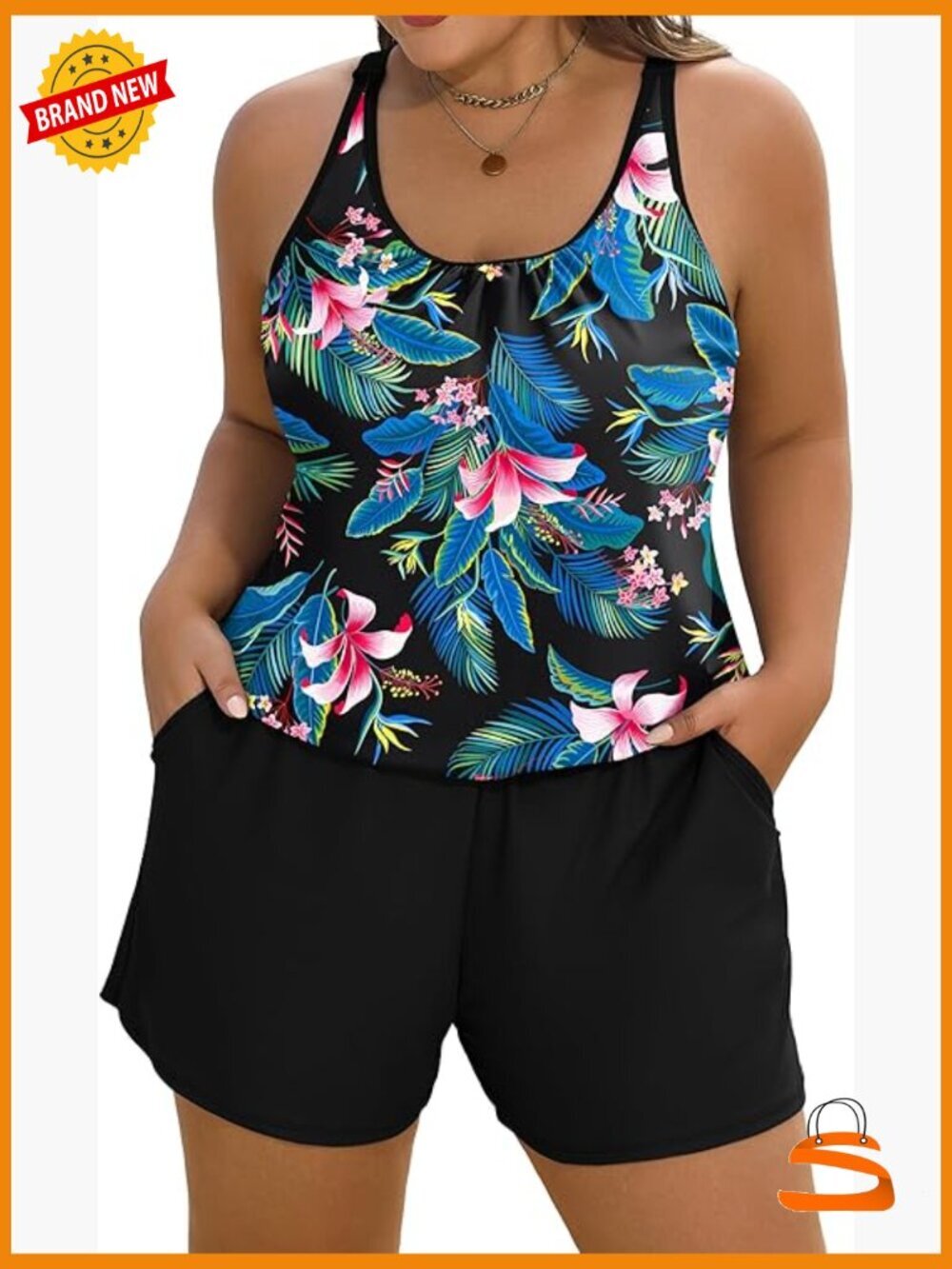 Plus Size One Piece Swim Romper with Pockets Modest Bathing Suit